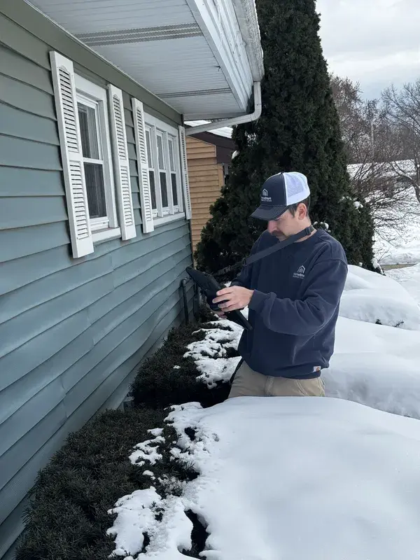 HomeStart inspector checking a home exterior in winter snow near Madison, WI
