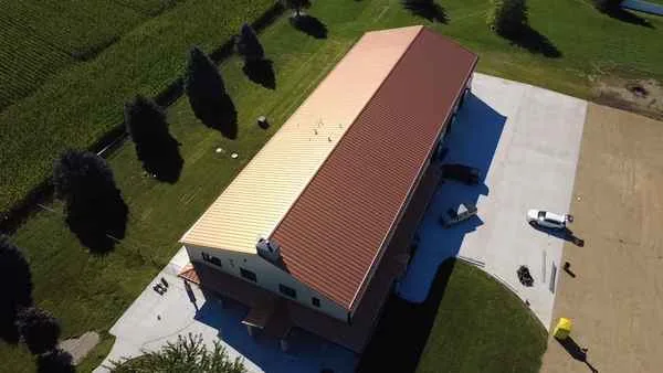 Aerial view of a barndominium's steel roof in Rock County, WI